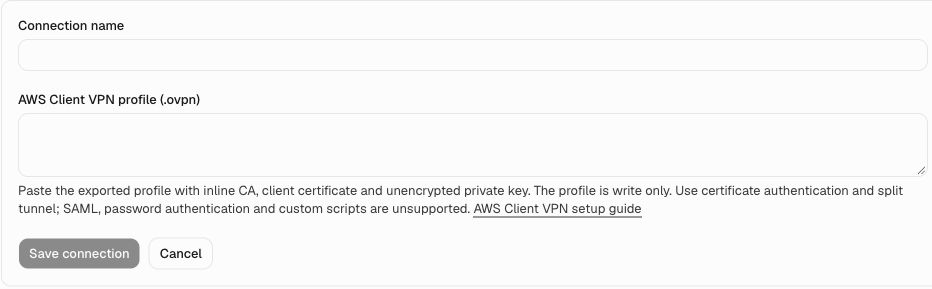 Empty AWS Client VPN form. Callouts 5, 6 and 7 point to Connection name, AWS Client VPN profile, and Save connection.