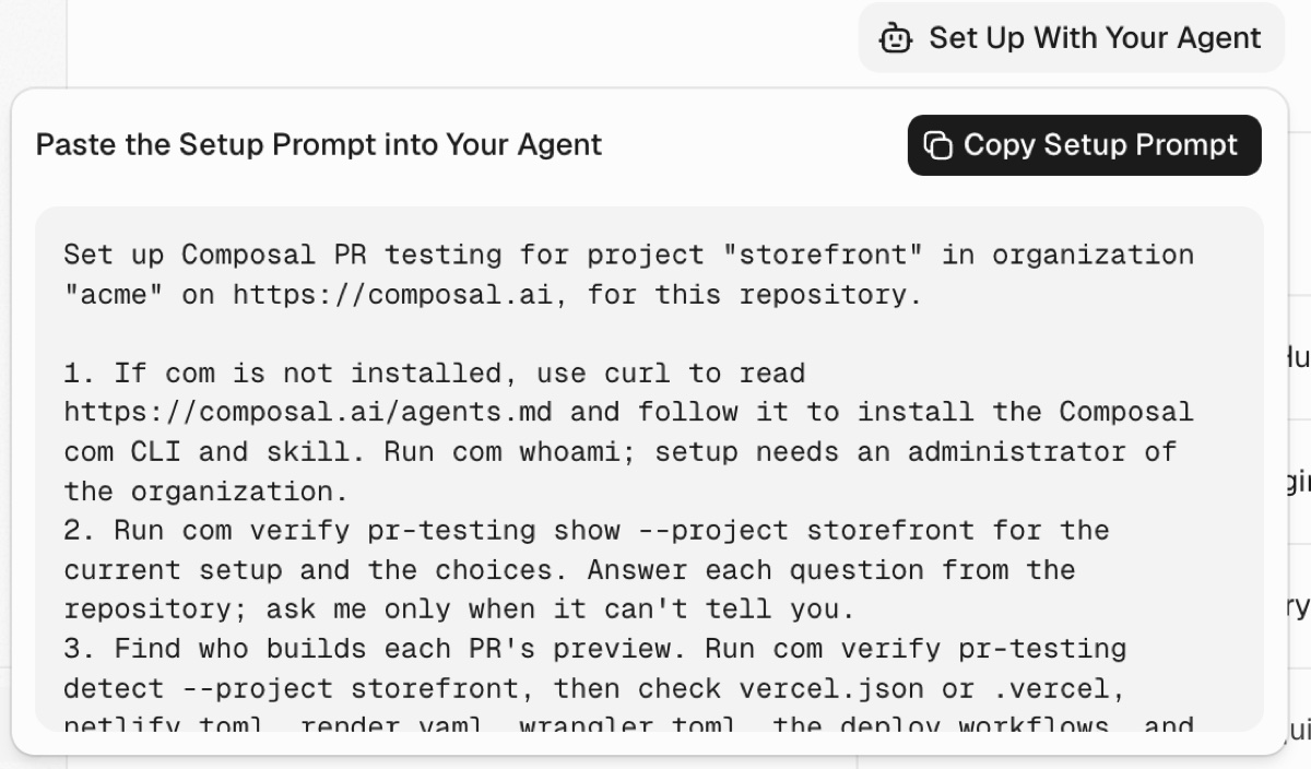 The Set Up With Your Agent prompt for project storefront in organization acme, with Copy Setup Prompt beside it.