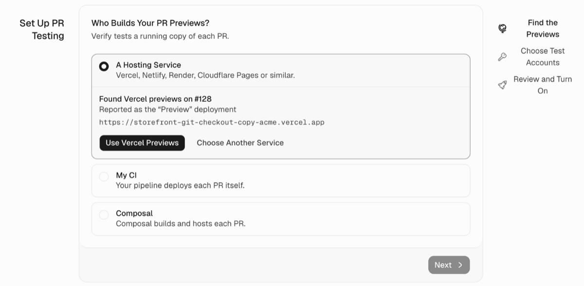 Who Builds Your PR Previews? with A Hosting Service chosen. Composal found Vercel previews on PR #128, reported as the Preview deployment, with Use Vercel Previews and Choose Another Service.