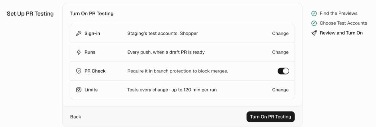 Turn On PR Testing step listing Sign-in with Staging's test accounts, Runs on every push and when a draft PR is ready, the PR Check switch on, and Limits of 120 minutes per run.