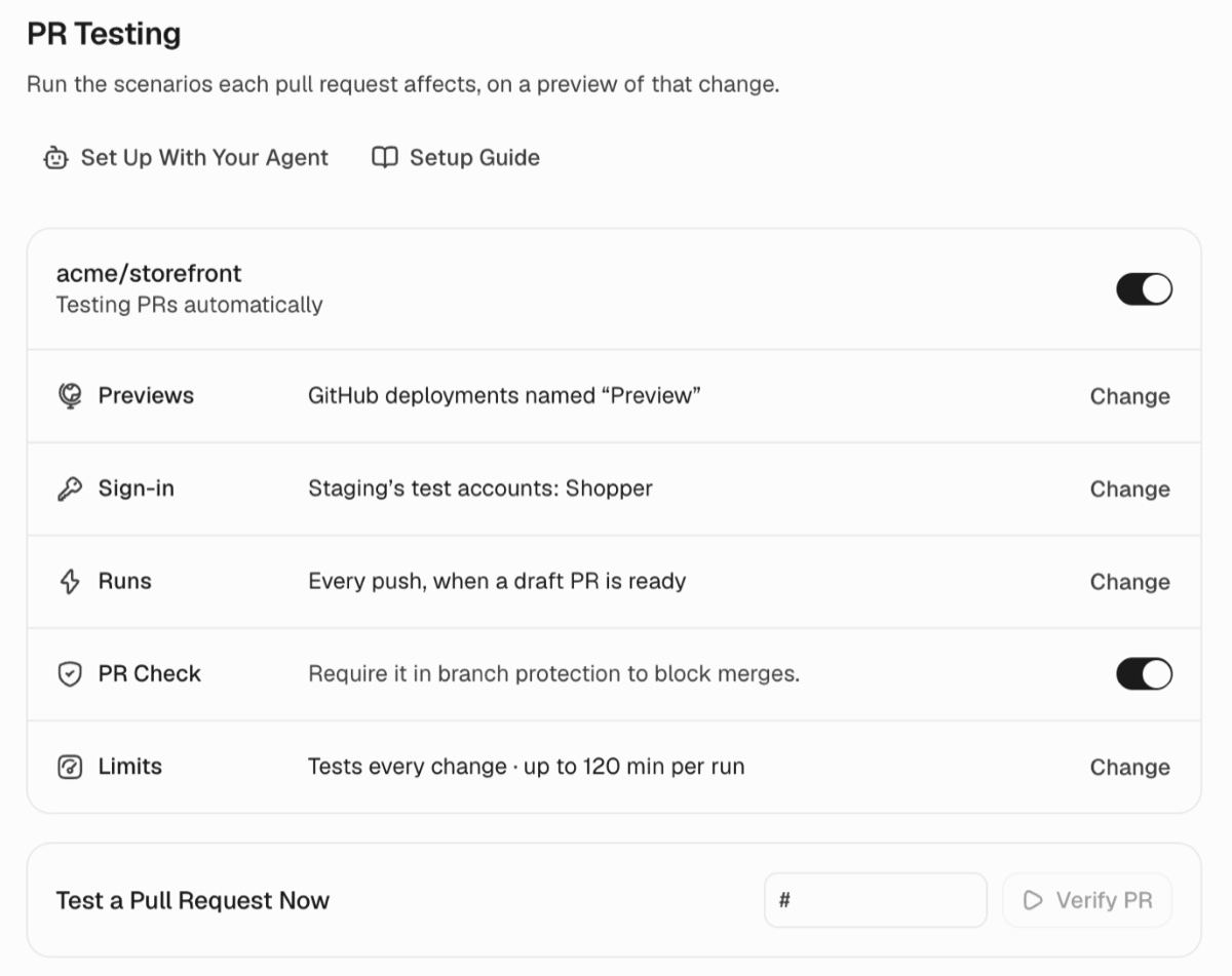 PR Testing summary for acme/storefront, testing PRs automatically, with rows for Previews, Sign-in, Runs, PR Check and Limits, and Test a Pull Request Now below.