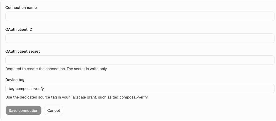 Empty Tailscale form. Callouts 5 through 9 point to Connection name, OAuth client ID, OAuth client secret, Device tag and Save connection.