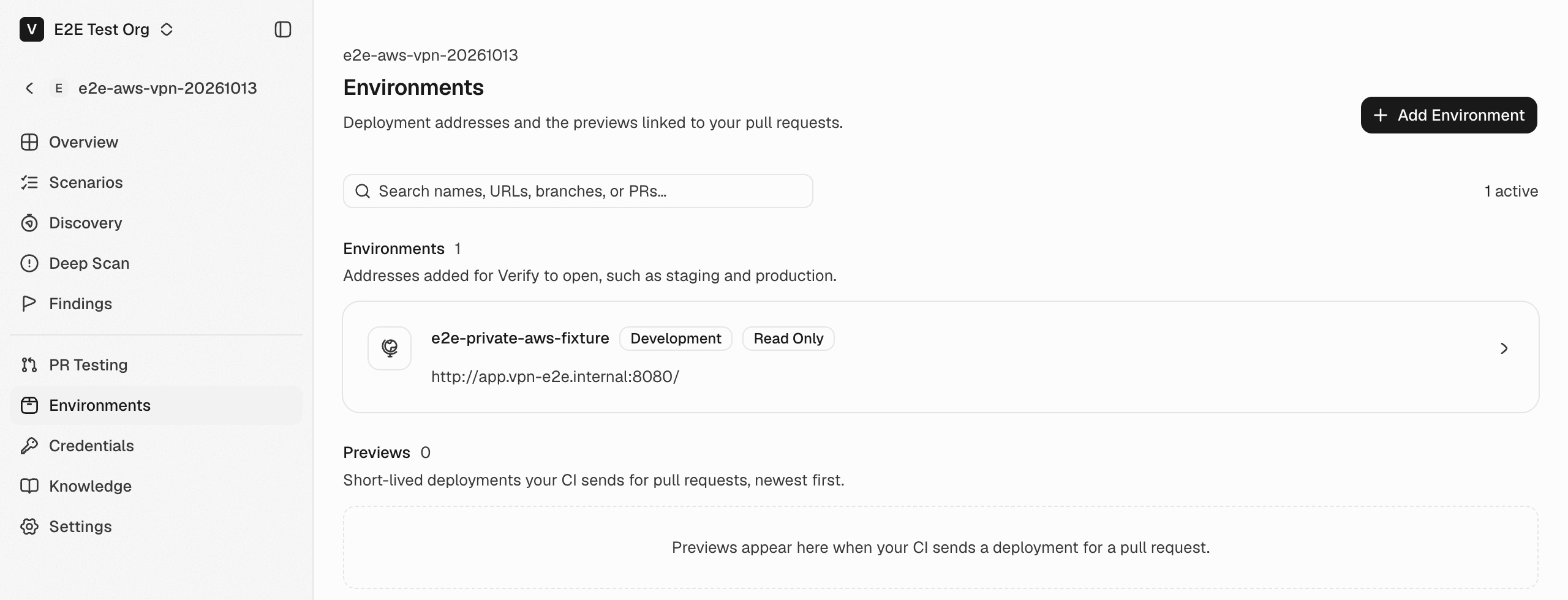 Project environment list. Callout 1 points to Environments in the sidebar; callout 2 points to the environment to open.