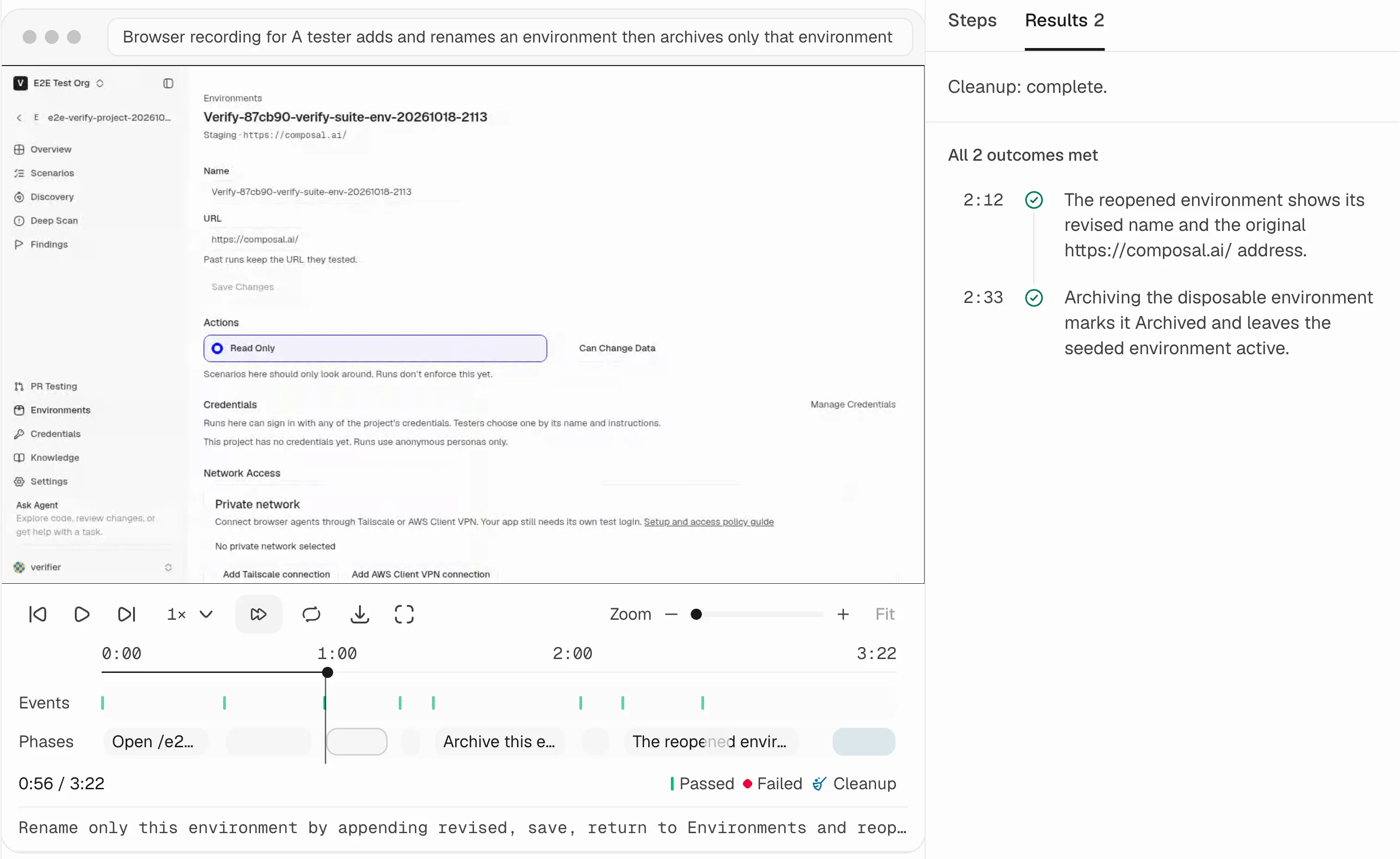 Composal browser recording at the environment-renaming step, with its playback timeline and two passed outcome checks.