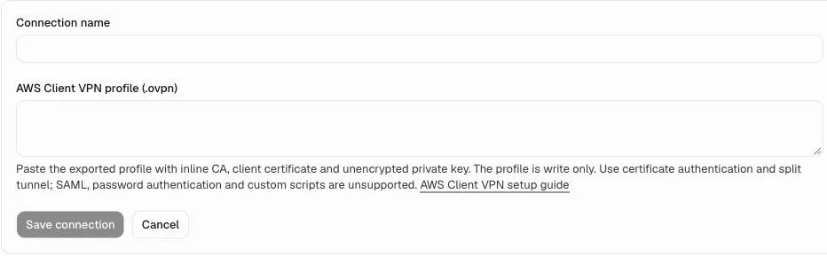 Composal's AWS Client VPN form, with fields for a connection name and .ovpn profile, followed by Save connection.
